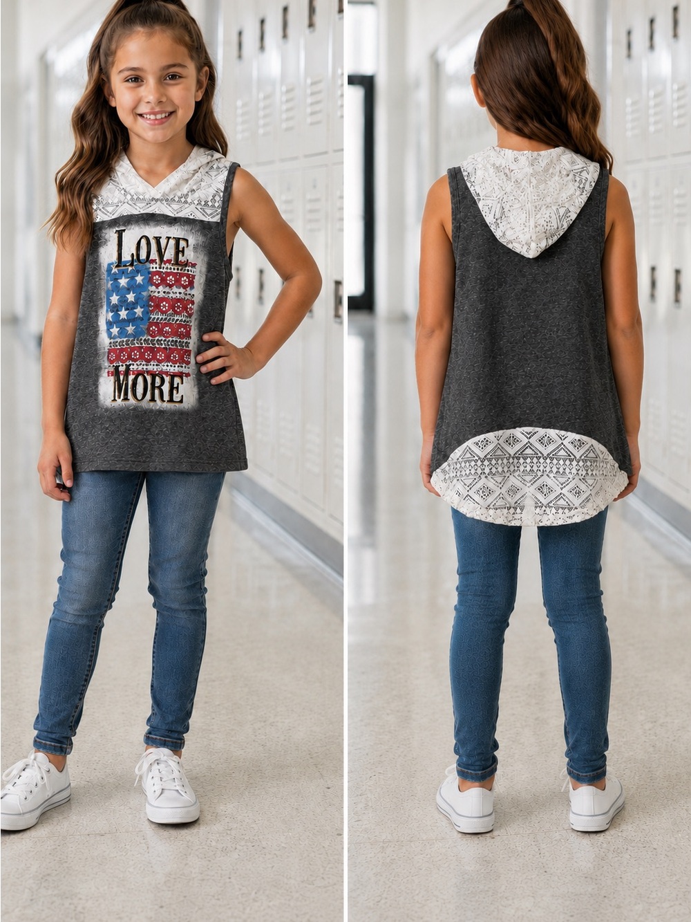 Beautees Charcoal Hooded Tank Top with Flag Graphic and Lace Trim